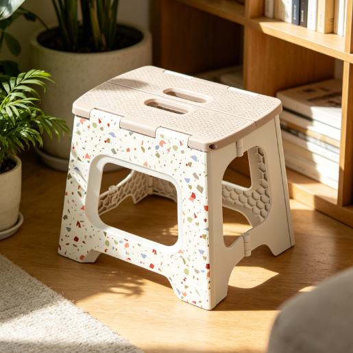 Foldable terrazzo stool, 32 cm, compact step for kitchen or garden