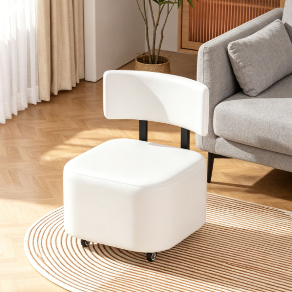 Low rolling stool with backrest, padded PU seat, castors, adaptable hallway bench