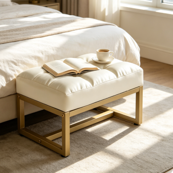 Rectangular faux leather footstool, gold tone frame, white, for hallway or living room
