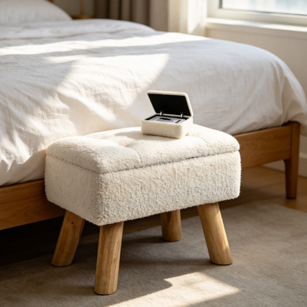 Boucle storage footstool, padded seat, wooden legs, cream