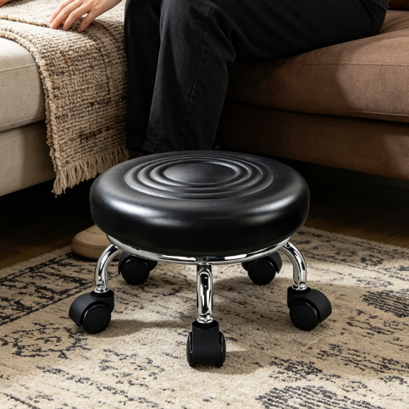 Low round rolling stool, PU leather, swivel, 21 3 cm, black